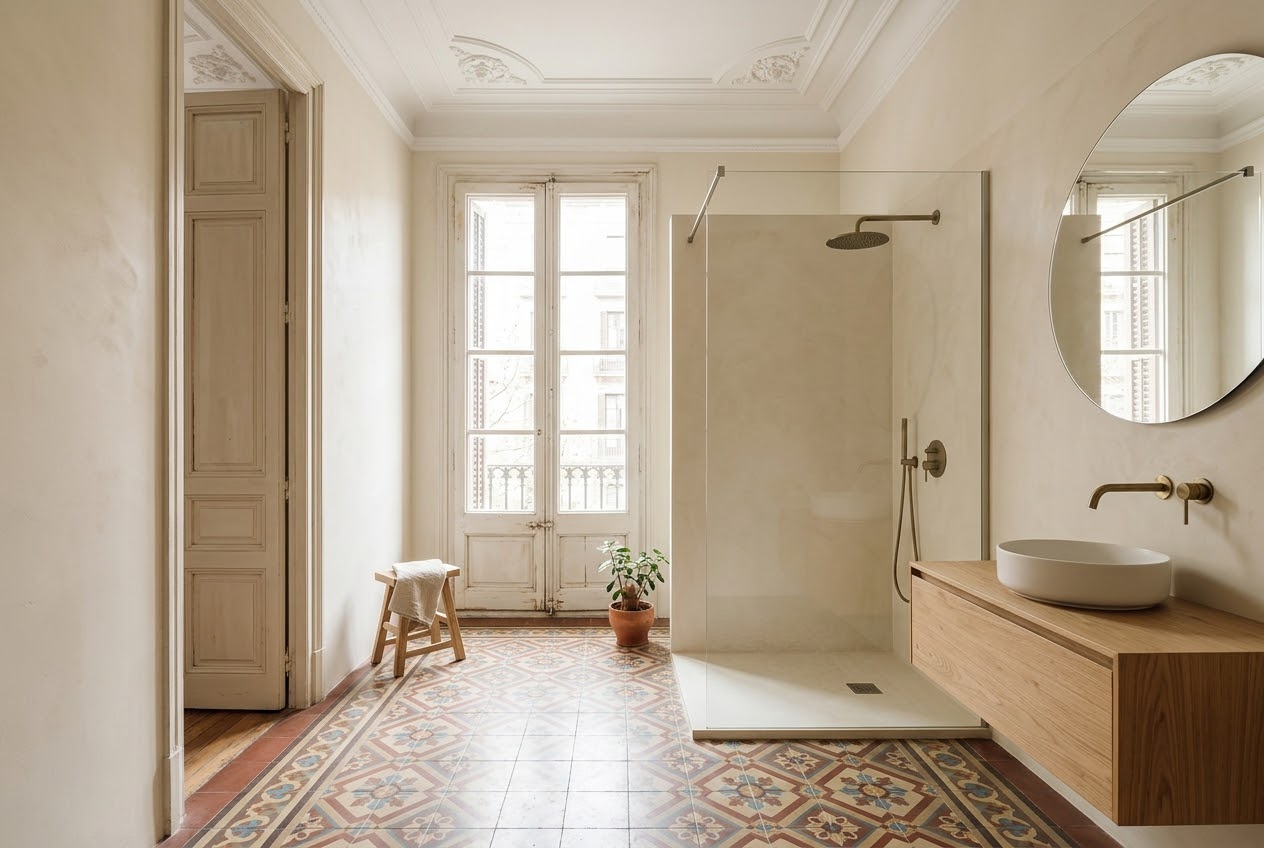 Baño con suelo hidráulico, ducha con mampara y lavabo sobre mueble de madera