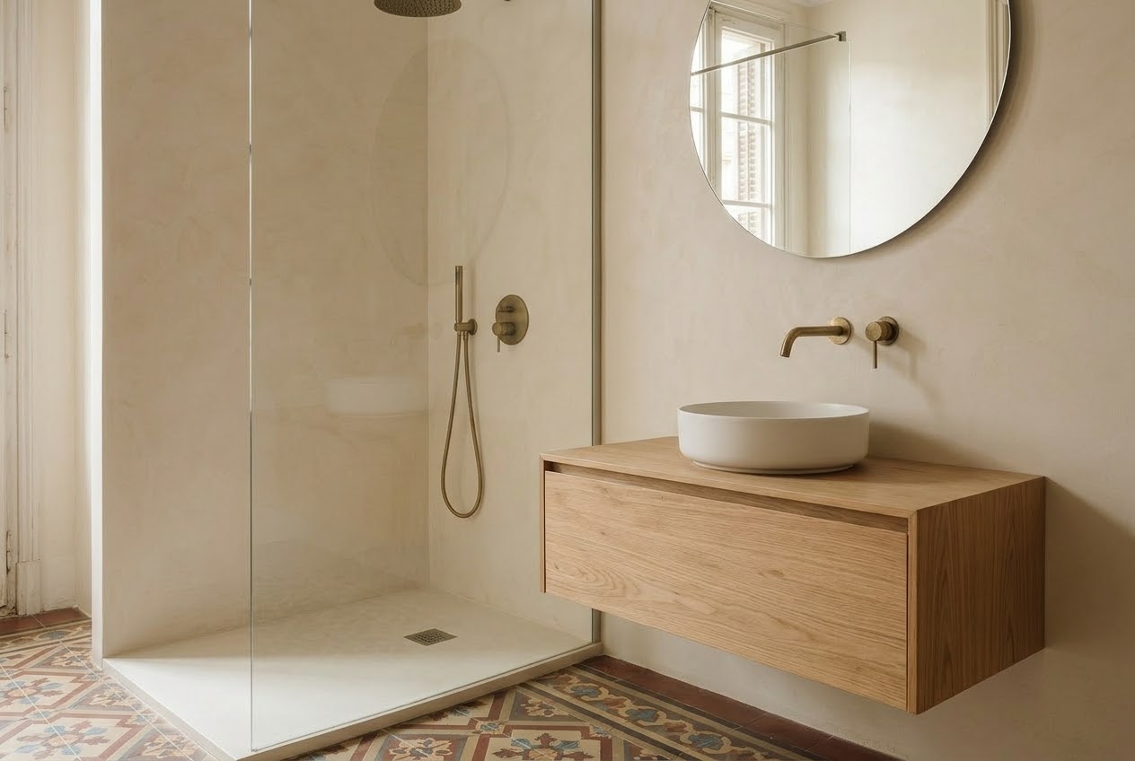 Ducha con mampara de vidrio, grifería de latón y lavabo sobre mueble de madera