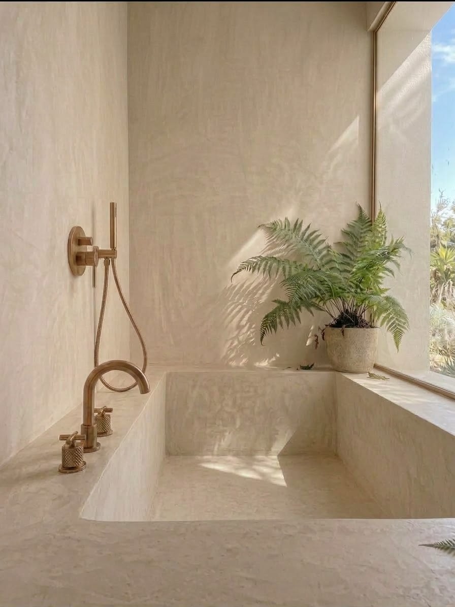 Bañera de obra de microcemento junto a una ventana, con grifería de latón y un helecho