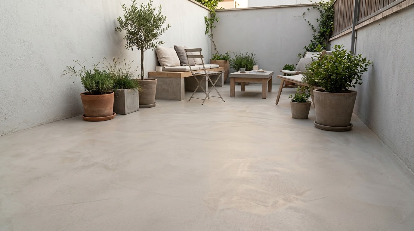 Terraza terminada con pavimento continuo claro, plantas y muebles de exterior