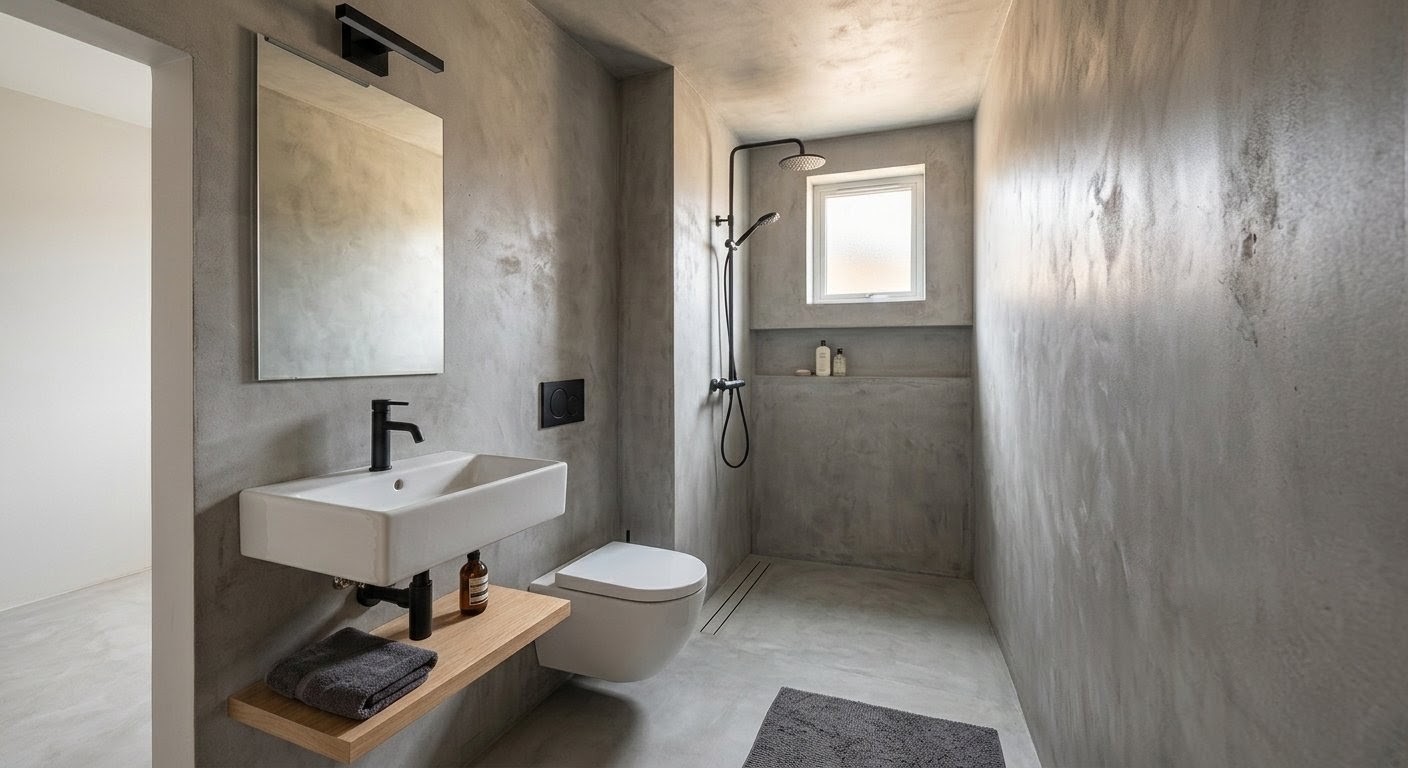Materia en equilibrio: baño con cemento y madera