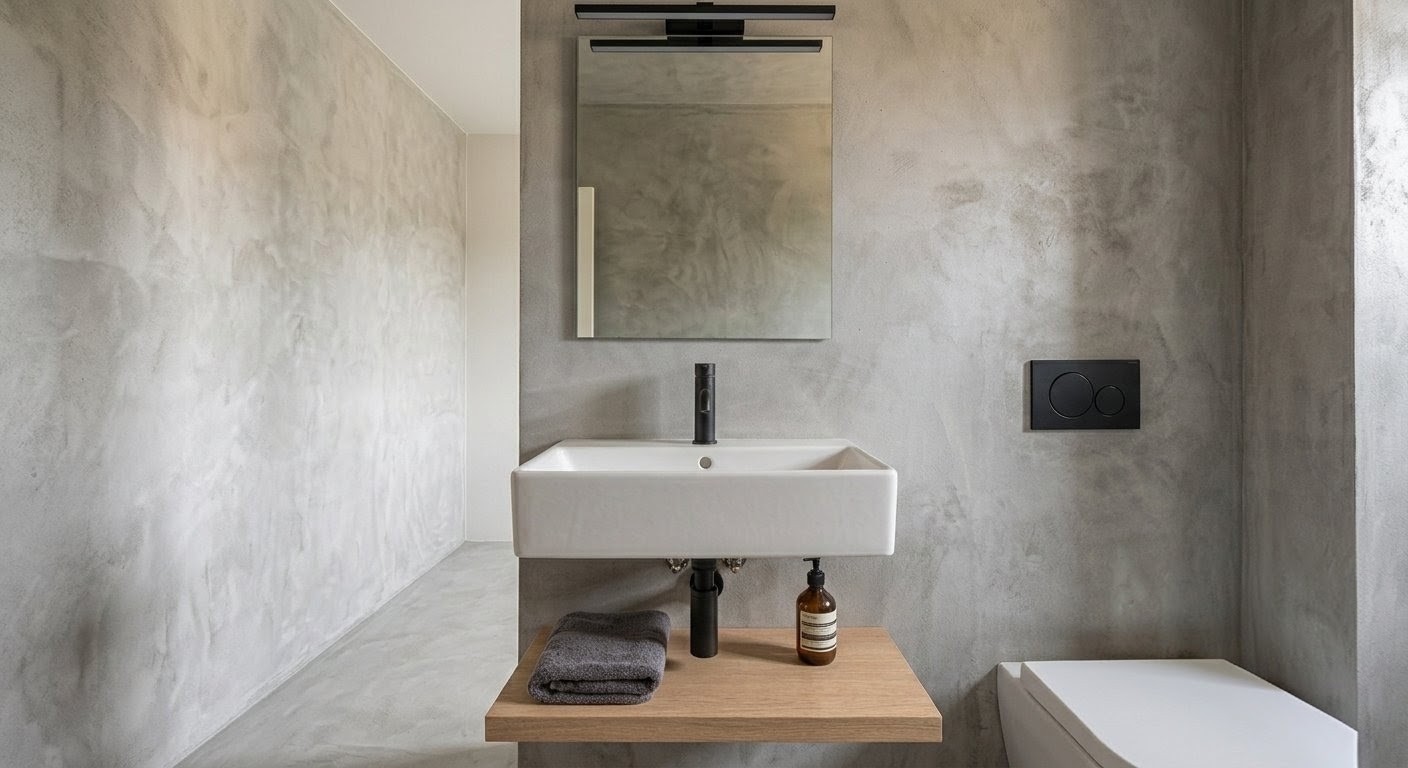 Contrastes en calma: baño con cemento y madera