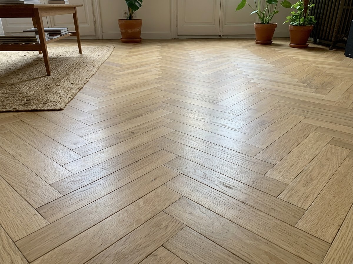 Detalle de un suelo de parquet de roble en espiga con una alfombra de fibra