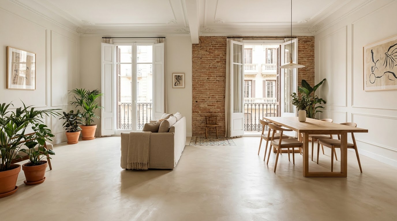 Salón comedor con suelo continuo de microcemento, pared de ladrillo y plantas