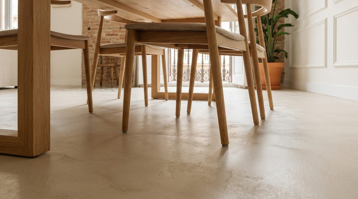 Suelo de microcemento claro bajo una mesa de comedor de madera